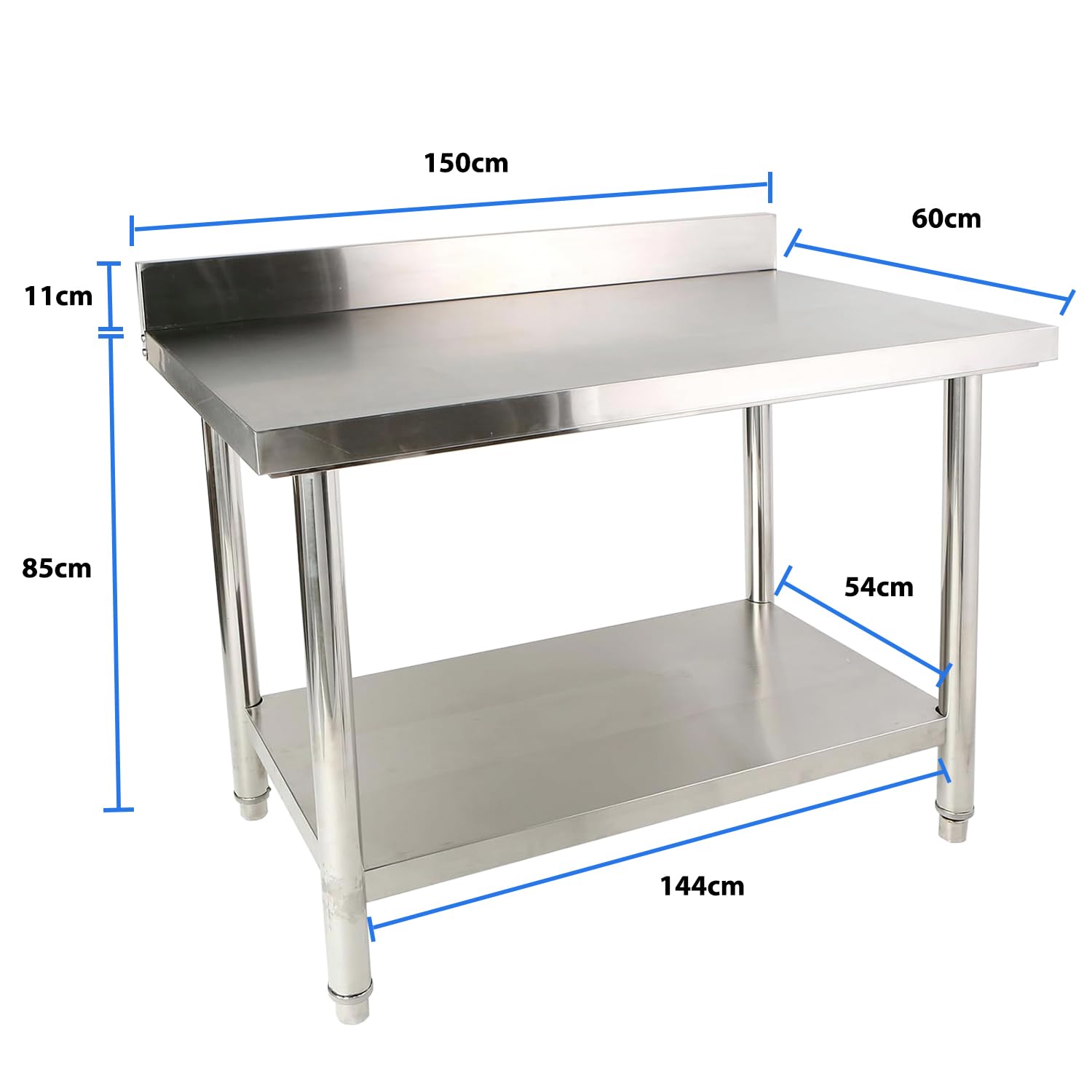 Mesa de trabajo de cocina de acero inoxidable, 150 x 85 x 60 cm, con cantos, soporta hasta 140 kg, mesa de cocina de acero inoxidable con patas ajustables y gran superficie inferior
