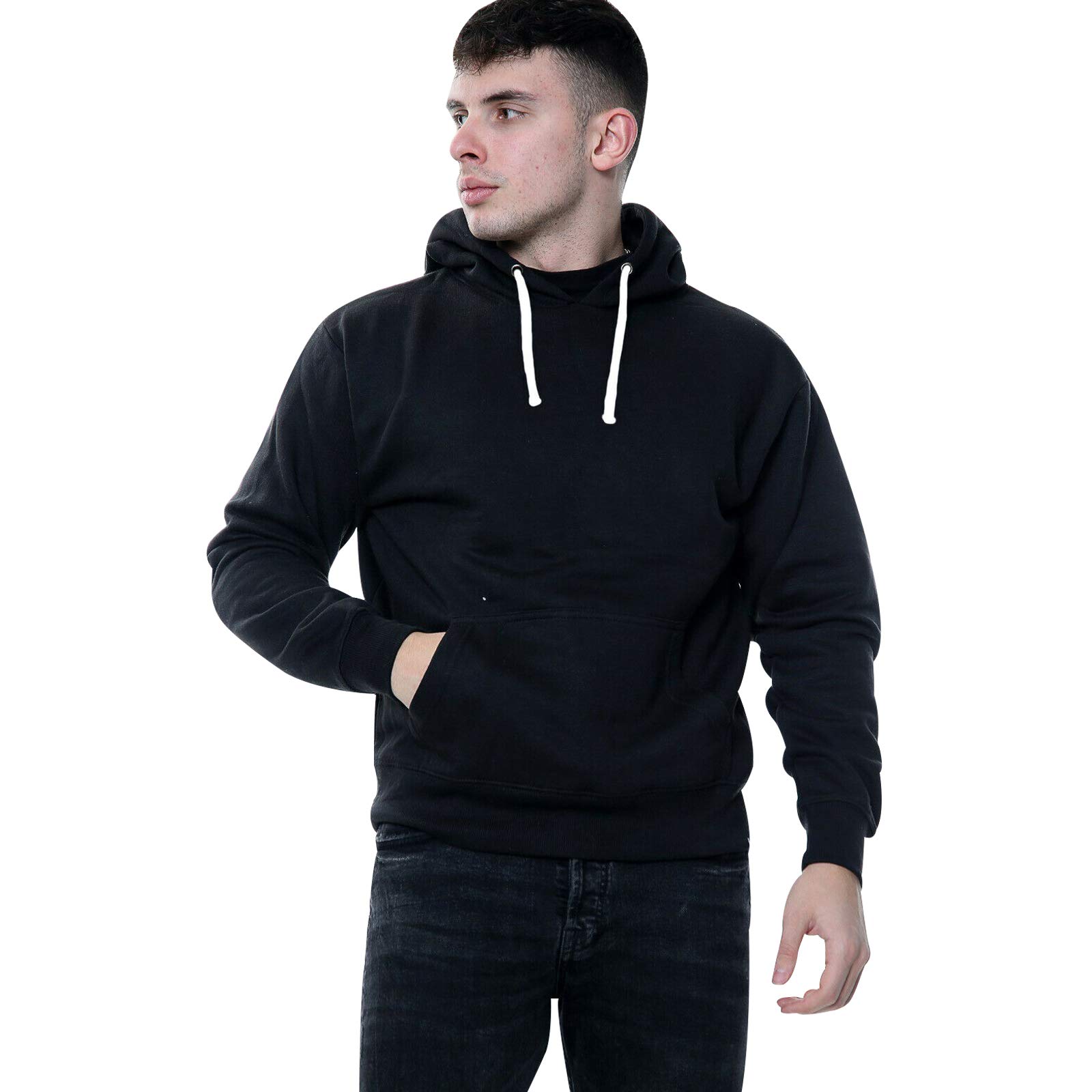 True Face Mens Hoodie Pullover Classic Hooded Top Plain Ribbed Cuff Long Sleeve Sweatshirt Pull Over Hoody Black - 1, Medium