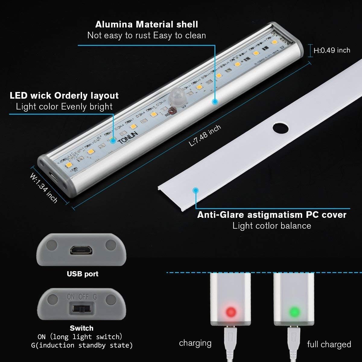 LED Motion Sensor Cabinet Light,Under Counter Closet Lighting, Wireless USB Rechargeable 10-LED Kitchen Lights,Battery Powered Operated Light, Stick On Lights for Wardrobe,Cabinet,Cupboard （3Pack）
