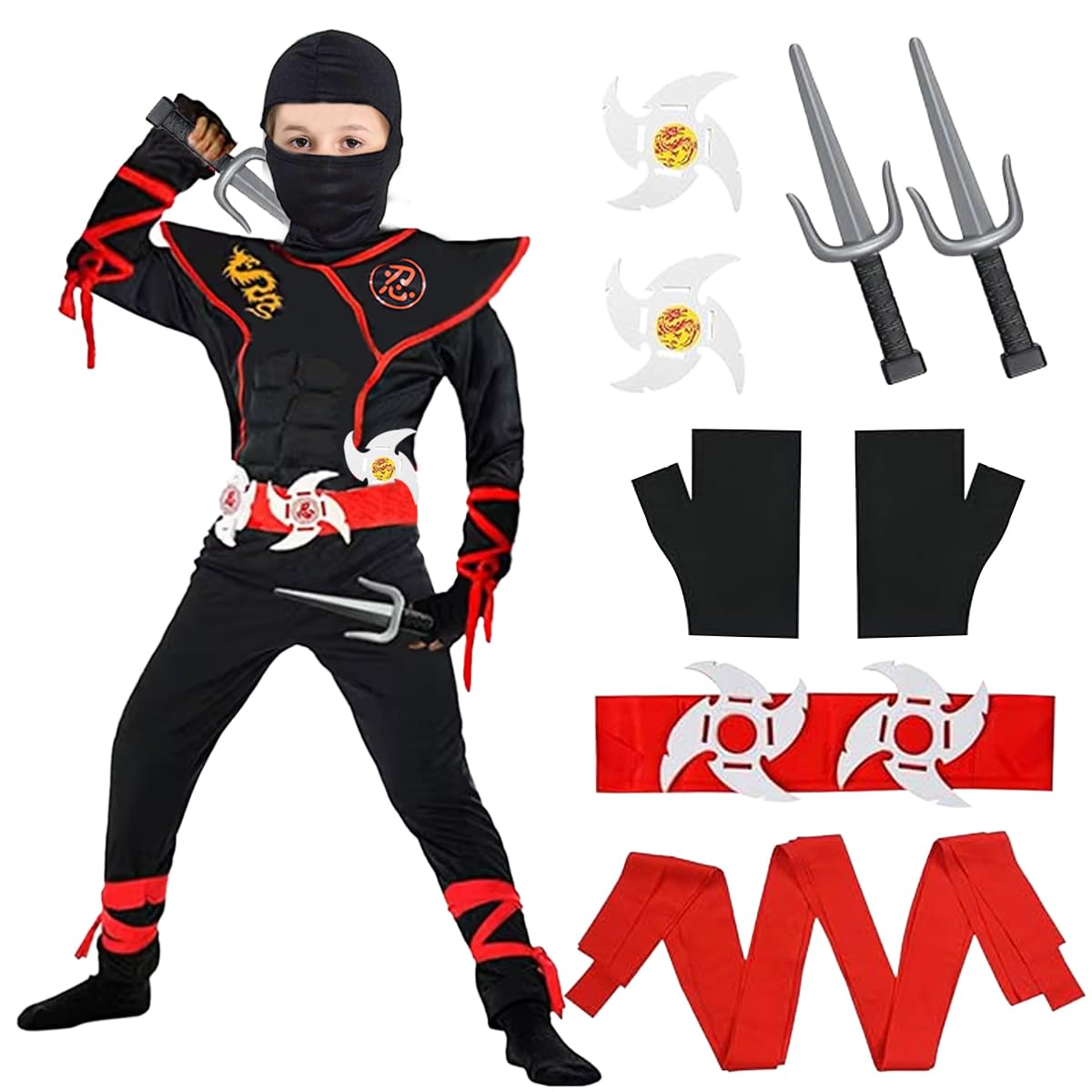 LGZIN Disfraz Ninja Niños, Juego de Cosplay de Ninja, Disfraces de Ninja para Niños con Accesorios Ninja, Disfraz Mono Ninja, Ninja Disfraz Musculo para Fiesta Carnaval Halloween Cosplay
