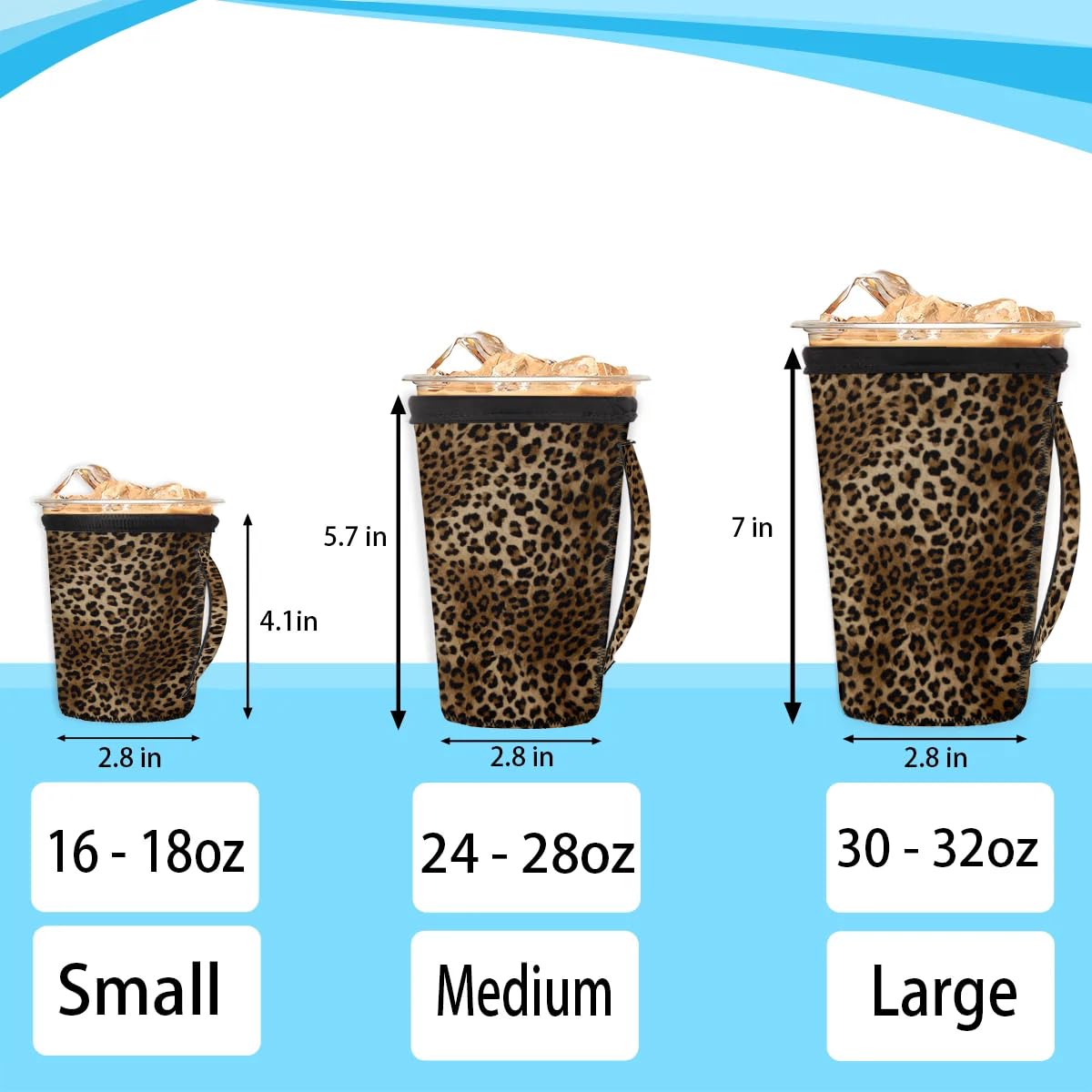 Reusable Neoprene Iced Coffee Sleeve With Handle - Fits 30-32oz Cups, Animal Print Design
