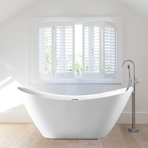 Winado Bañera independiente de 67 pulgadas bañera de acrílico con desbordamiento ranurado integrado y drenaje desplegable cromado antiobstrucción