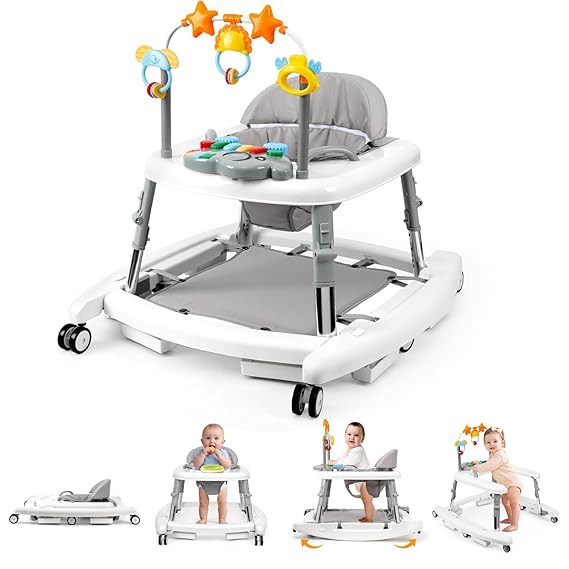 5-in-1 Music and Lights Baby Walker Foldable with 5 Adjustable Heights, Baby Walker with Wheels and Bouncer Combo Portable, Infant Toddler Walker for Baby Boy Girls 6-18 Months