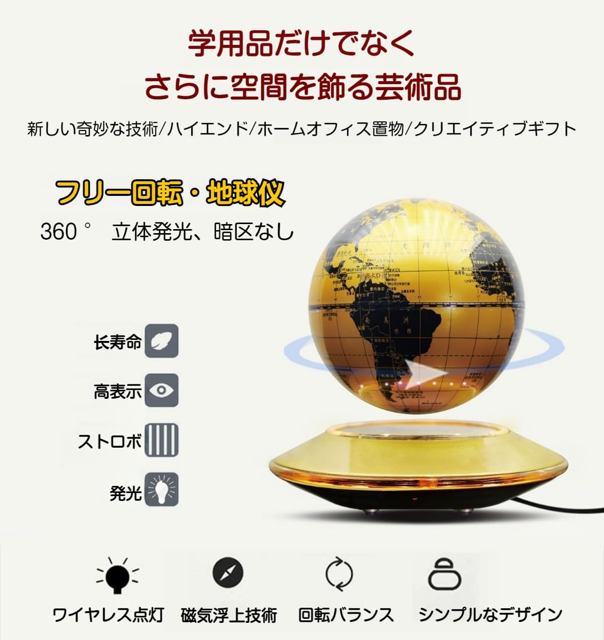 [360° Automatic Rotation] Electromagnetic Levitating LED Illuminated Globe, High Definition World Map, Power Outage Protection Function, Creative Desk Light, For Kids, Education, Education