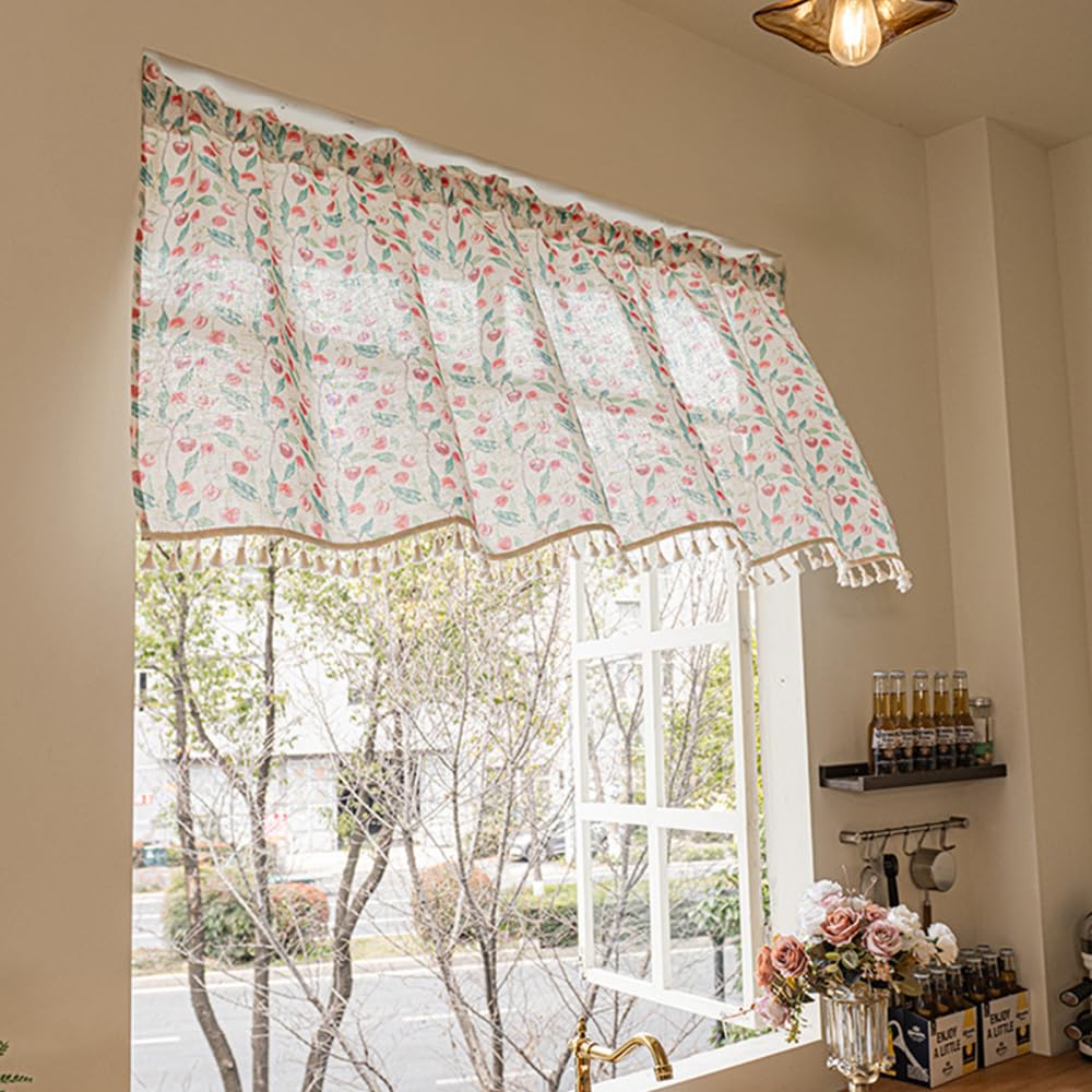 Carpjz Cherry Print Farmhouse Floral Print Kitchen Curtain, Semi Sheer Valance With Cherry Pattern, White Tassel Fringe Tier Curtain For Small Window, Cafe Door, Rustic Home Decor 132 X 45Cm