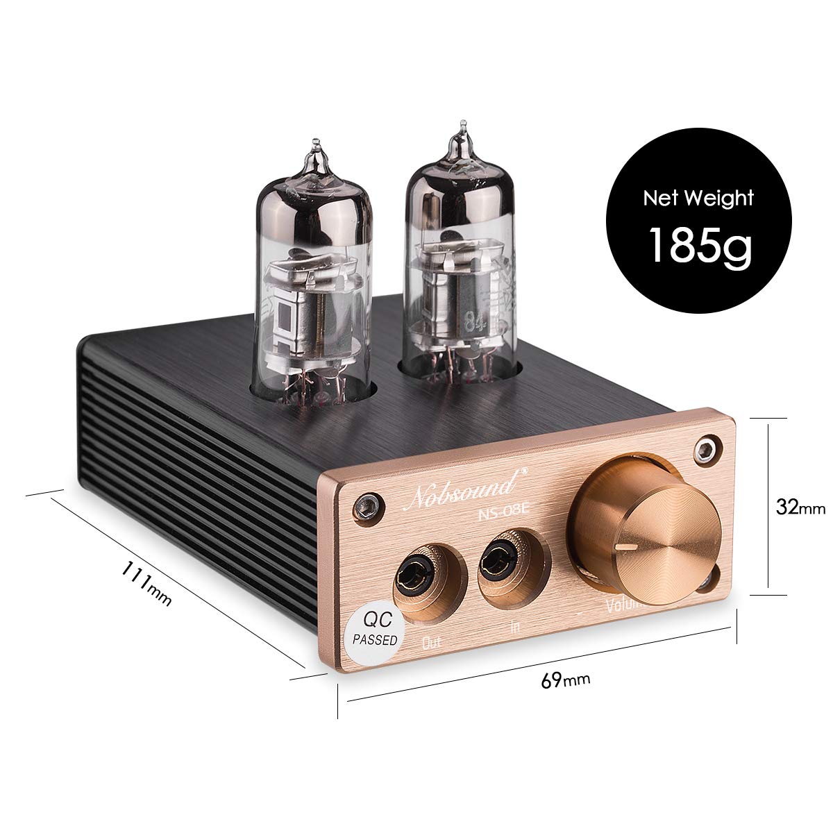 Image showing the Nobsound NS-08E amplifier with dimensions labeled: 111mm length, 69mm width, 32mm height, and a net weight of 185g.