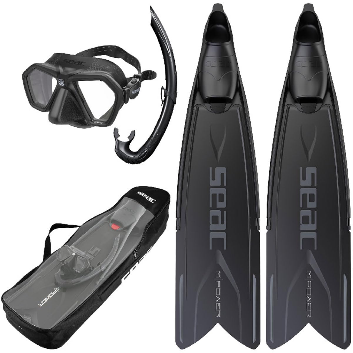 SEAC M-Power Tris, Freediving and Spearfishing Set M-Power Long fins, Eagle Diving mask Jet Snorkel, Shoulder Bag Included