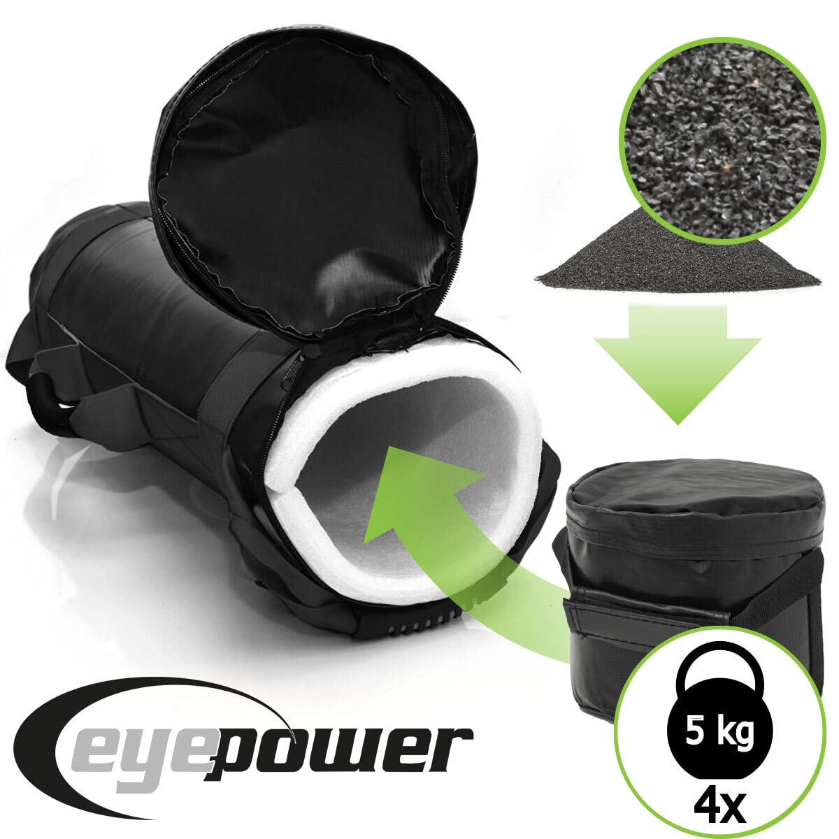 EYEPOWER 20kg Power Bag + 4 Pesi Kettlebell con Sabbia di Ferro - 6 Maniglie Fitness Sandbag per Allenamento Forza - 20x60 Borsa del Peso - Sand Bag per Sport in Casa - Attrezzi Palestra Box Squat