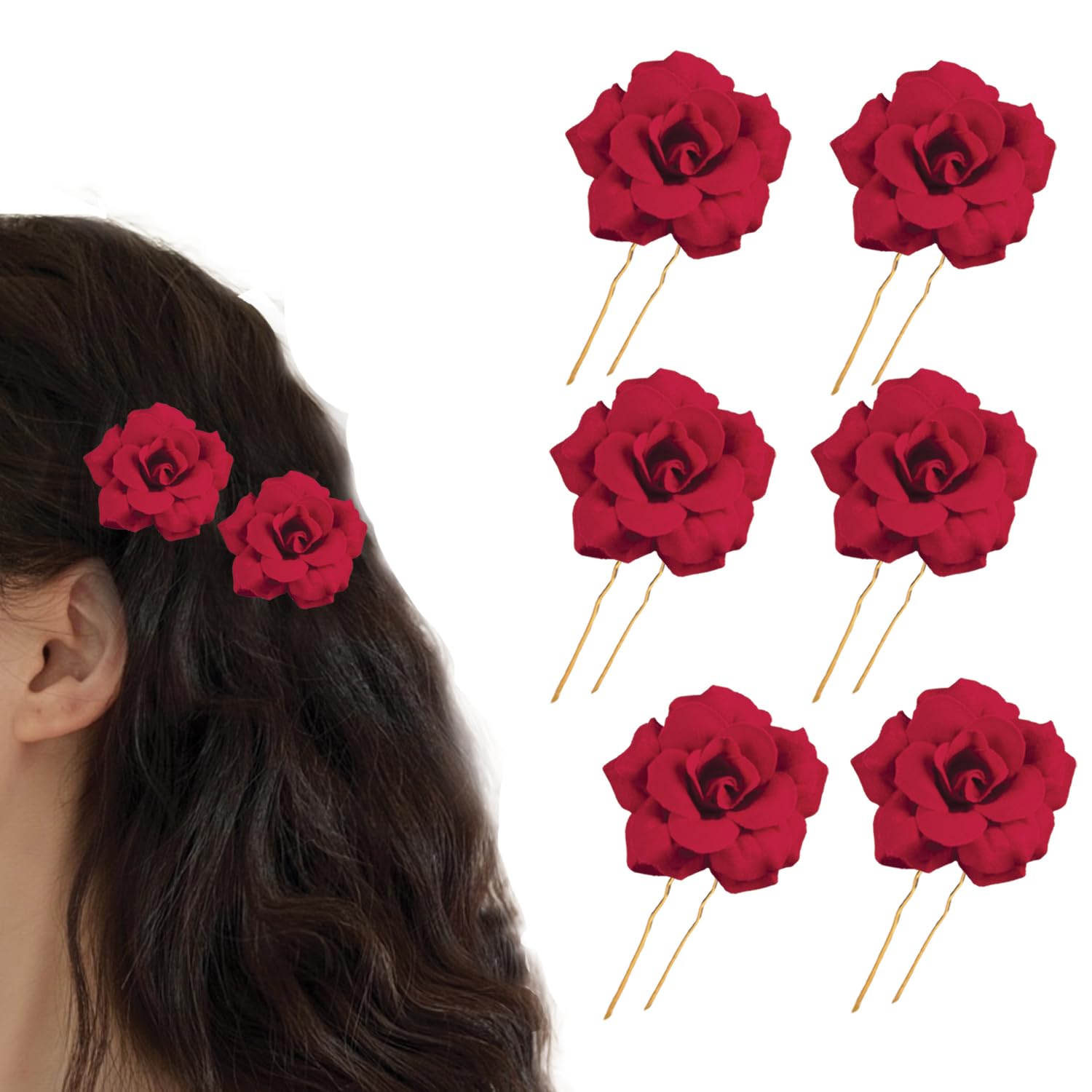 (6pcs) Hair Accessories For Women & Girls - Bridal Brooch & Braid for Hairstyle of Bride, Wedding & Party - Stylish Red Rose Artificial Flowers Bun Juda U Pins & Clips for Style & Decoration-image-23