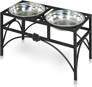 Nurxiovo Elevated Pet Feeder Bowls Raised Stainless Steel Raised Bowls Pet Dining Table Diner Dish Bowls for Dog and Cats Treats 22â€™â€™, Black Rack+ 2 Bowls