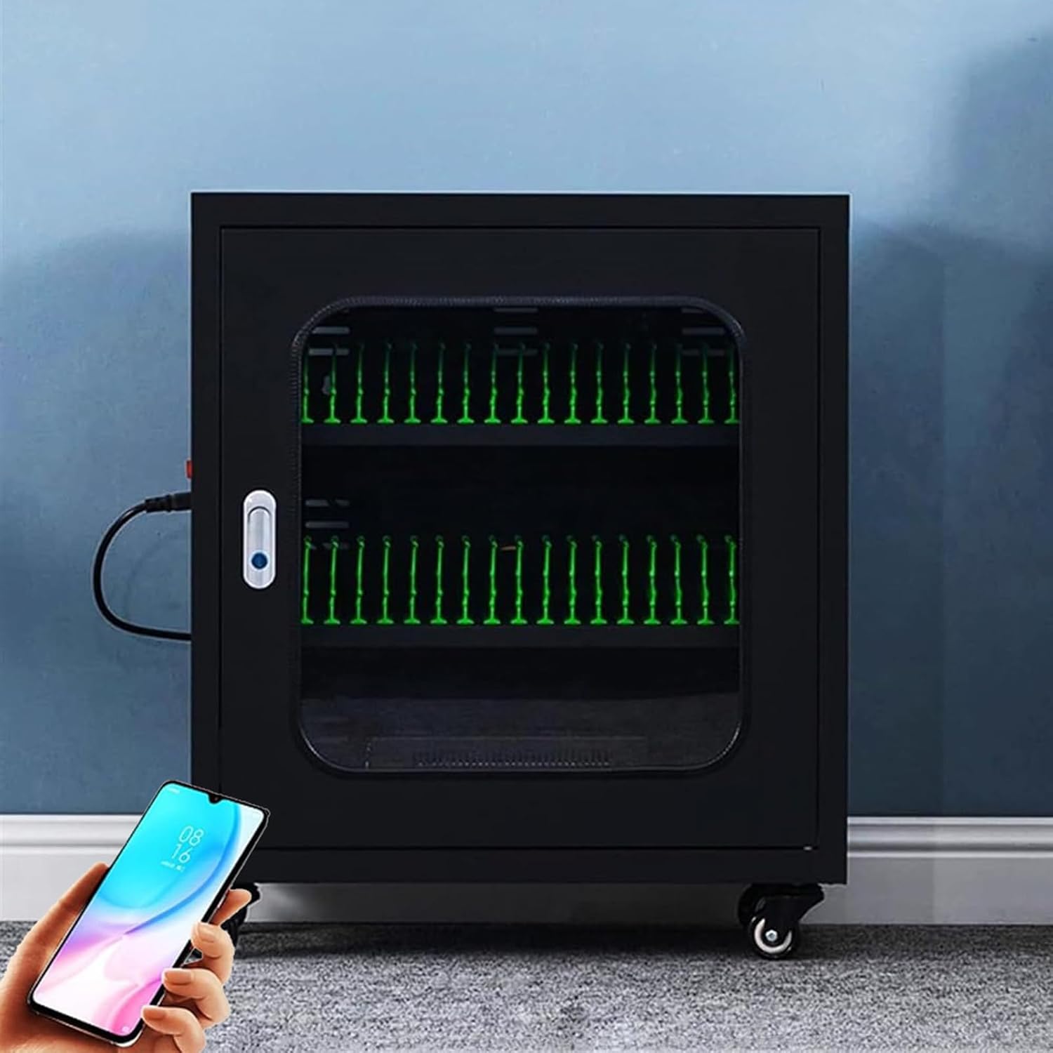 Cell Phone Locker Box for Classroom with Door Locks and Keys Clear Acrylic Jail Storage Cabinet，2-in-1 Cell Phone Charging Station & Storage Locker, USB Rechargeable Mobile Phone Cabinet on