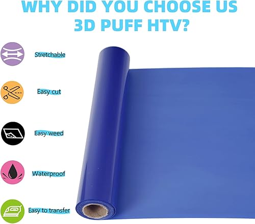 Miniatura 3 de Guangyintong Vinilo de transferencia de calor 3D Puff - Vinilo HTV de 12 pulgadas x 8 pies - Rollo de vinilo para planchar para camisas (azul)