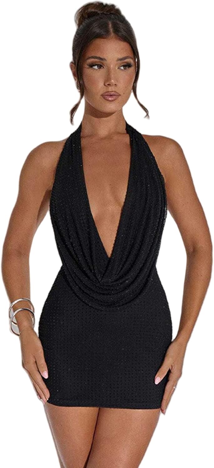 Women Sexy Sparkly Dots Prom Dress Halter Deep V Neck Ruched Backless Bodycon Mini Dress