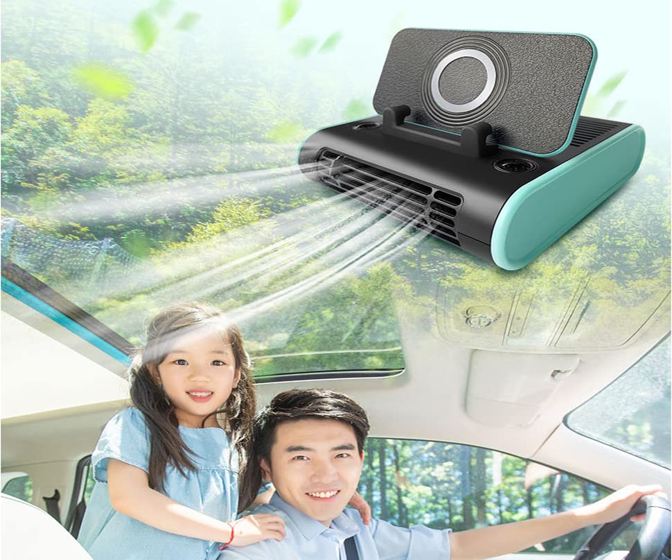 Ventilador para automóvil de 12 V, Viento fuerte Ventilador creativo para automóvil Cuatro en uno Pequeño ventilador fresco con soporte de carga inalámbrico, Viene con aromaterapia