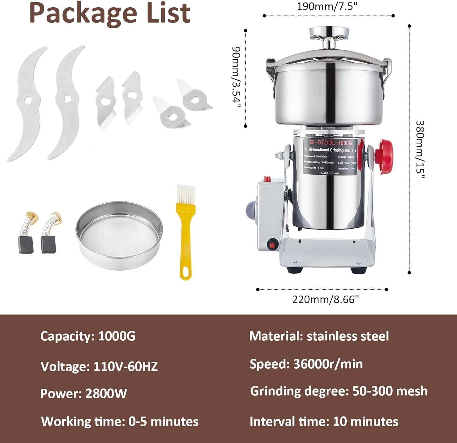Electric Grain Mill Grinder 2800W Dry Material Grinding Machine 1000g Stainless Steel Pulverizer 36000r/min High-speed Grain Mill 270° swingable Superfine powder for Home and Commercial 1000g