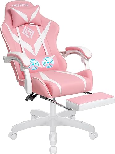 HOFFREE Silla de juegos de masaje para niños, silla de videojuegos con reposapiés y soporte lumbar, silla reclinable de juegos de PC con