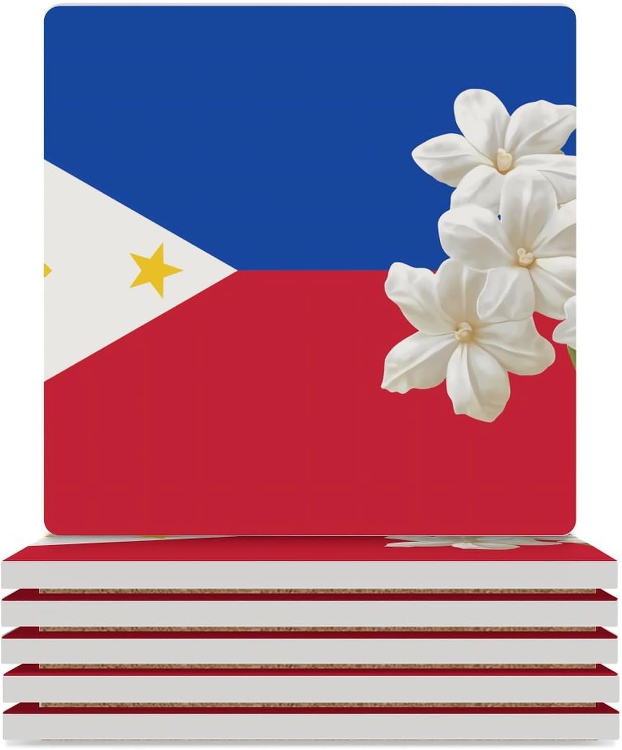 Philippines Flag Sampaguita Funny Ceramic Coasters for Drink Absorbent Cup Holders Tabletop Protection