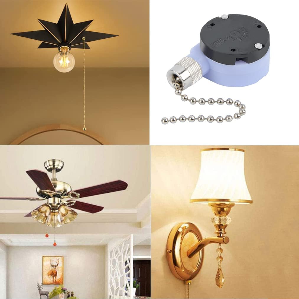 ZE-228s 2 Speed 3 Wire Ceiling Fan Switch Pull Chain Switch Lamps Replacement Parts Ceiling Fan Accessories(Nickel Chain)