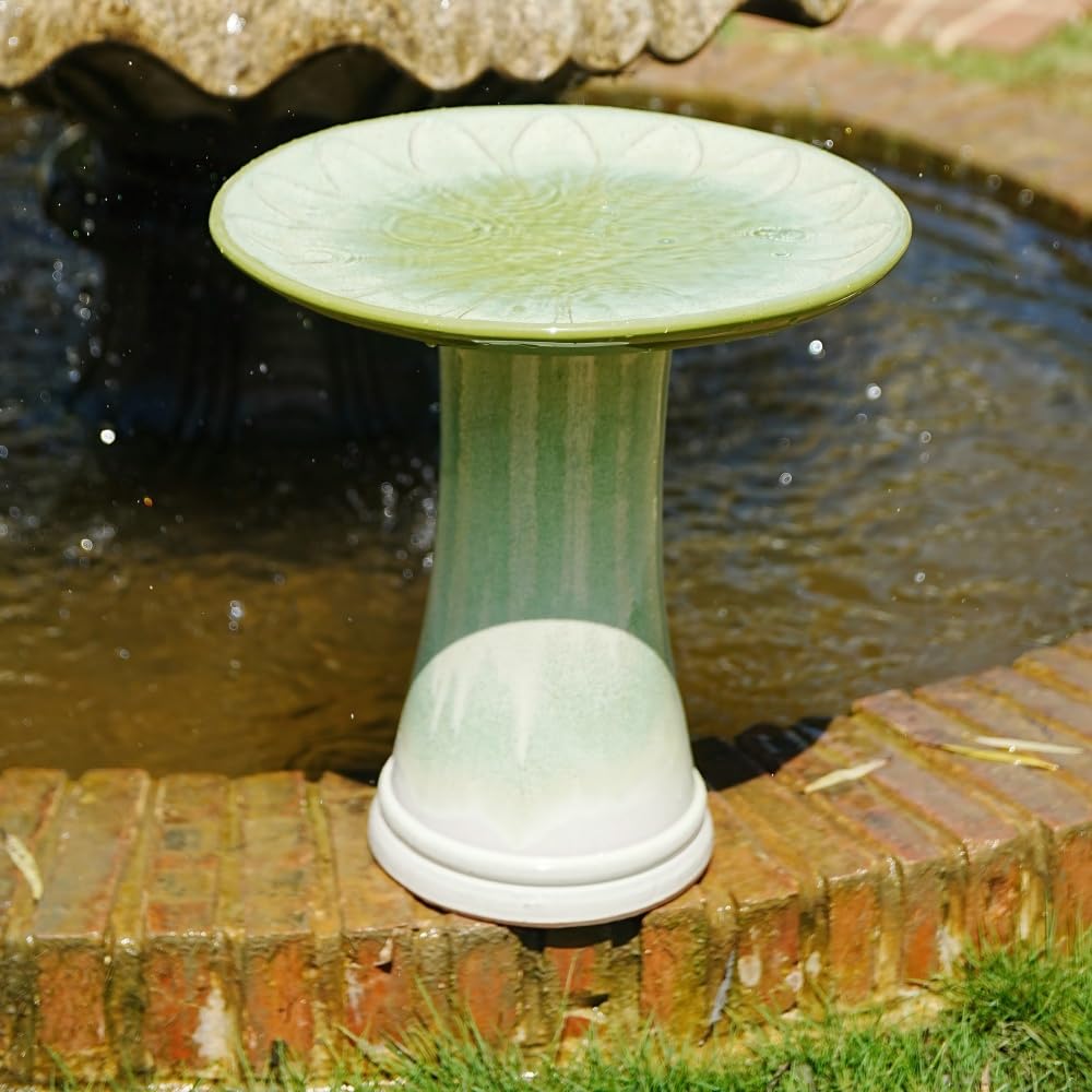 Baño para pájaros (cerámica, hecho a mano, lavabo, para relieve, floral, 43 x 45 cm, esmaltado brillante, verde claro, degradado, resistente a las heladas y a las temperías para jardín y