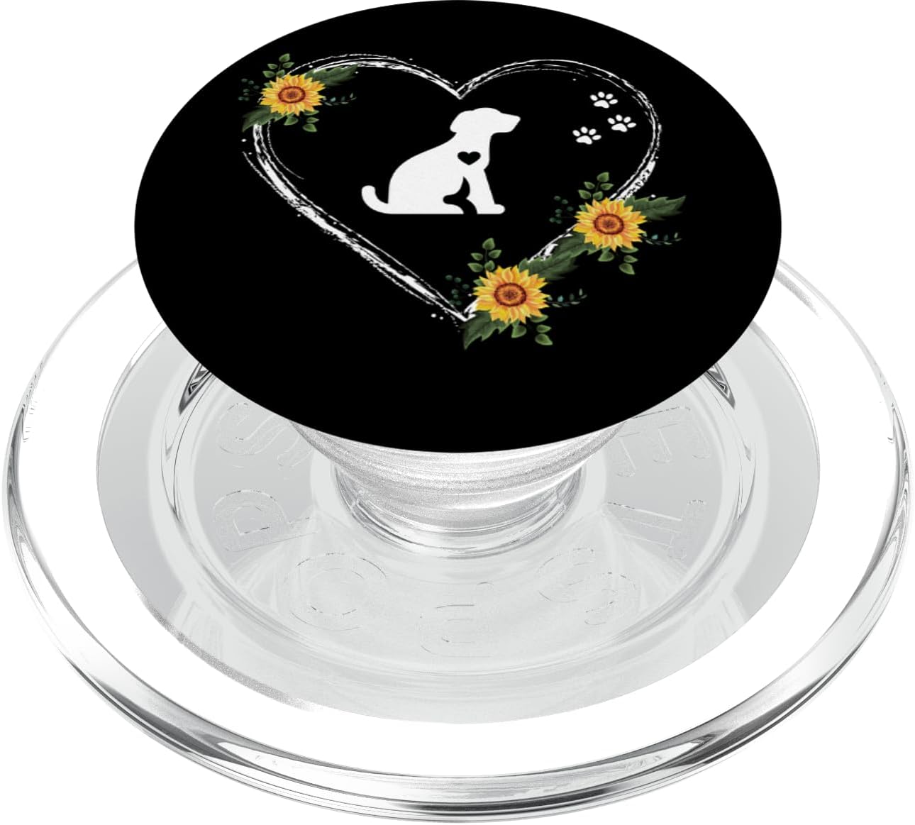 Puppy Heartbeat With Paw Prints And Sunflower Heart On Black PopSockets MagSafe PopGrip for iPhone