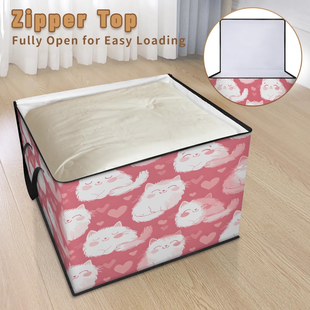 Honeybaby 214L Extra Large Comforter Storage Bag Animals Cats Cute Storage Totes with Lids Waterproof Closet Organizer Folding Blanket Storage Bags for Clothes Bedding Pillows