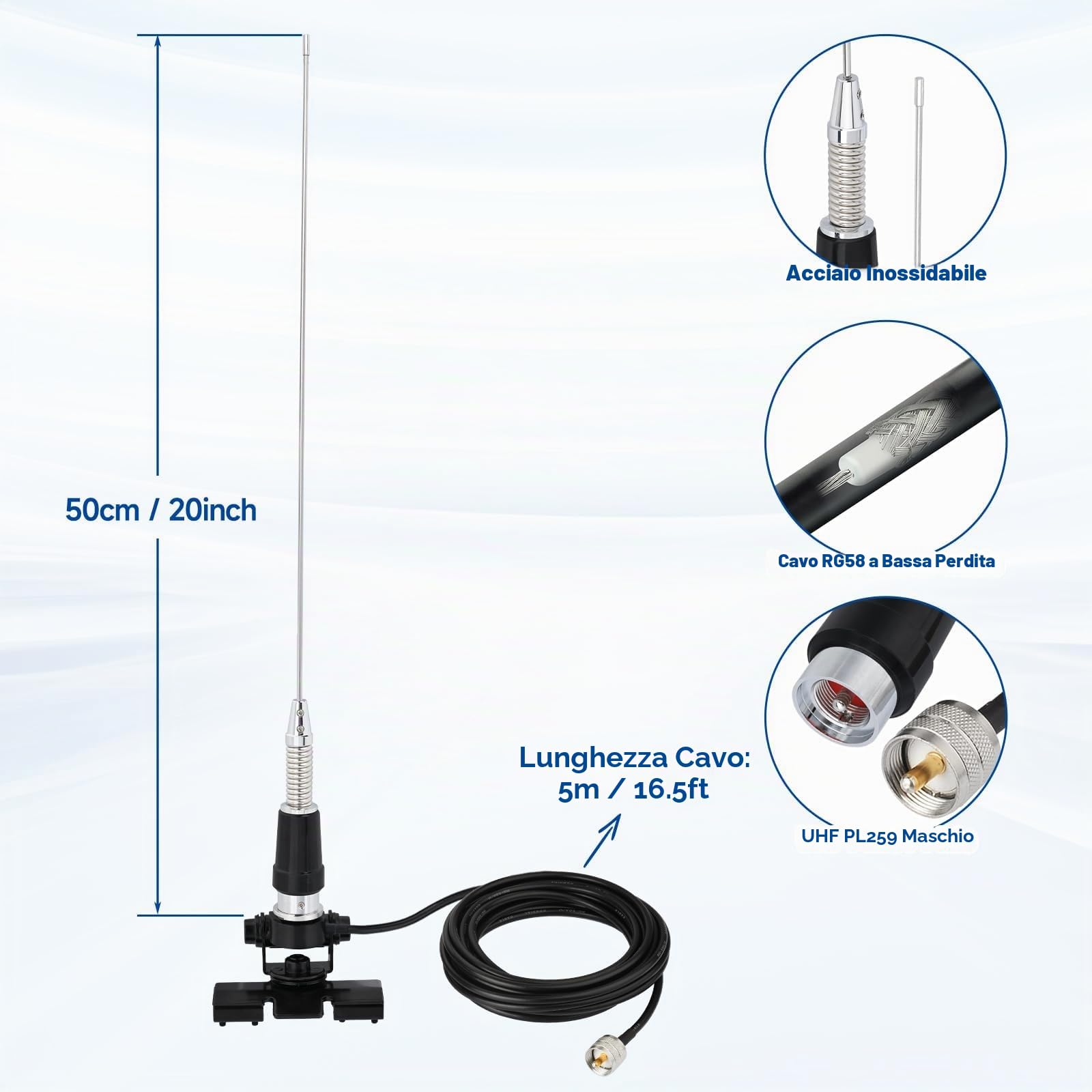 Bingfu Antenne Radio VHF Veicolare 136-174 MHz Fissa PL259 50 cm | con Molla di Ammortizzamento, Supporto a Staffa, Cavo 5 m, per Camion Camper, Radio Mobile, Radioamatore, VHF Marino