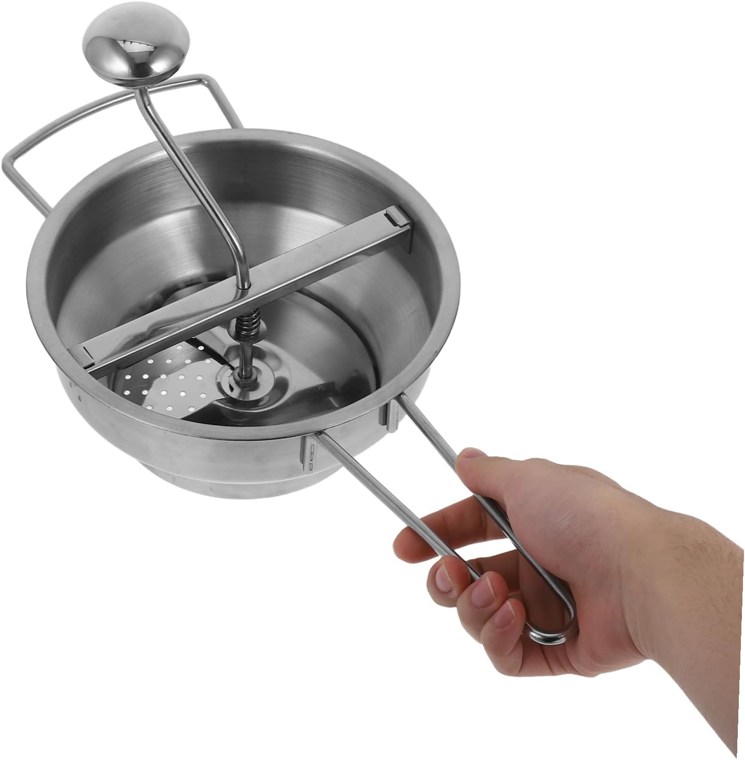 Ergonomic Stainless Steel Potato Masher with Handle Manual Rotary Ricer for Smooth Mashed Potatoes Vegetables and Fruit Puree Includes Interchangeable Discs Multipurpose Kitchen