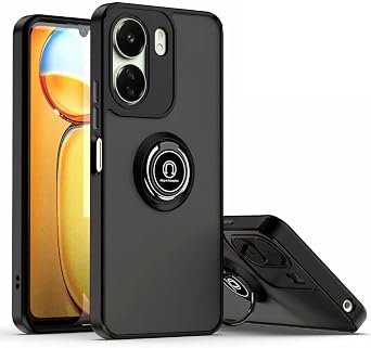 QUIETIP Case Compatible with Xiaomi Redmi 13C & Poco C65 with Screen Protector,TPU + Hard PC Shockproof Magnetic Ring Car Mount Stand Bumper Cover,Black