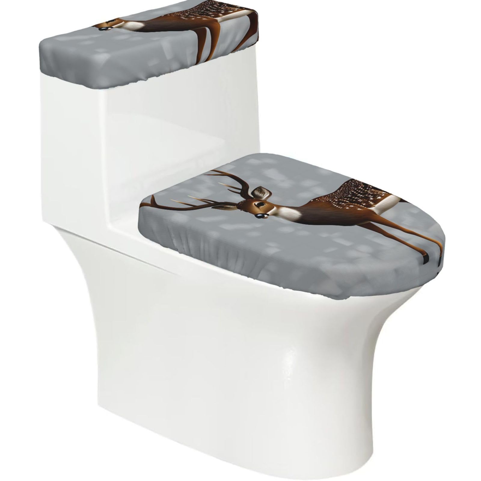 Cntdbu Black Grey Plum Deer Elastic Toilet Cover Set Of 2-Stretchy Lid And Tank Covers For Bathroom, Soft Washable U Shape Toilet Decor