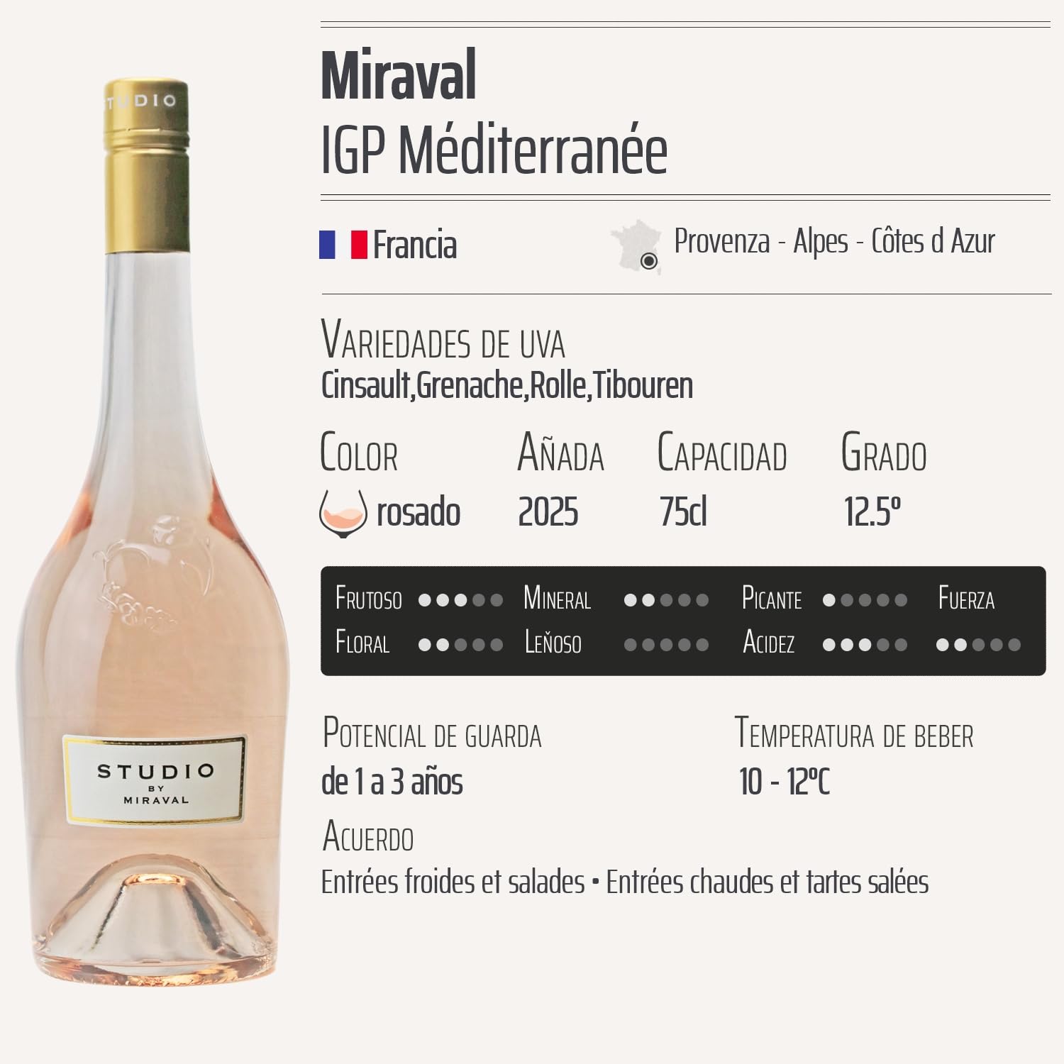 Studio by Miraval rosado 2025 - Miraval - IGP Méditerranée - Provenza - Alpes - Côtes d Azur - Francia - Variedades de uva Cinsault,Grenache,Rolle - 6x75cl