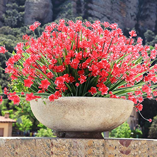 Urstoud Artificial Flowers,Fake Greenery Faux Plastic Bushes Fake Shrubs Uv Resistant No Fade Faux Plastic Plants For Wedding Hanging Bouquet Indoor Outdoor Home Garden Office Table Vase 6Pcs (Red) #TOP3