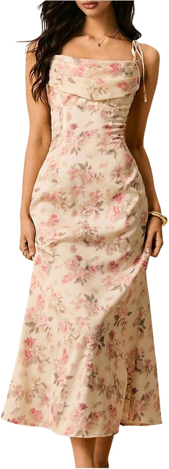 Women's Summer Floral Cowl Neck Dress Elegant Tie Shoulder Long Beach Sundress Wedding Guest Dresses