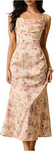 winkbay Women's Summer Floral Cowl Neck Dress Elegant Tie Shoulder Long Beach Su