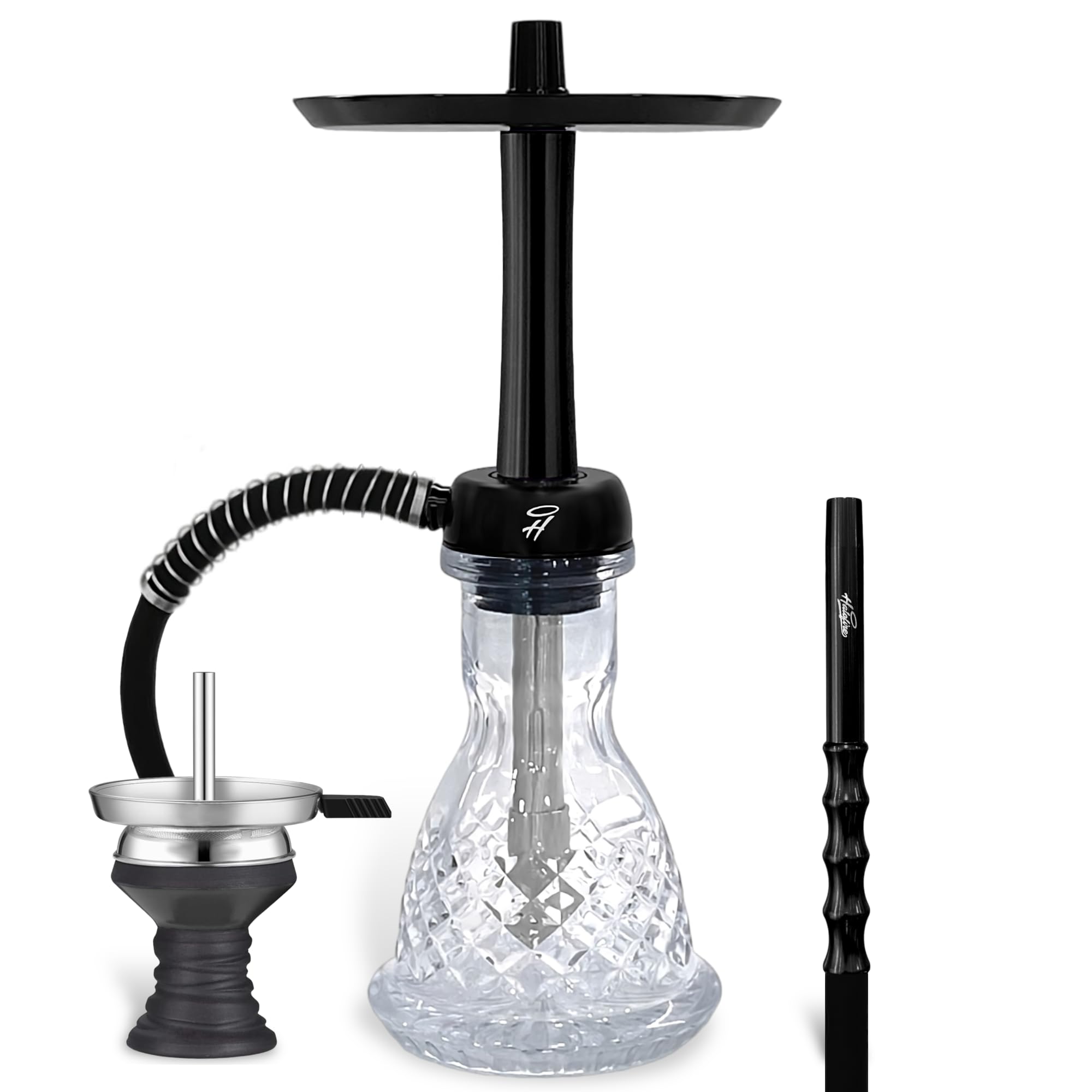 Cachimba Shisha Completa 50 cm con Maletín y Difusor Ajustable – Base Cristal Tallada, Cazoleta de Barro Negro y Plato Grabado a laser | Cachimba Halofire Geisha Negra