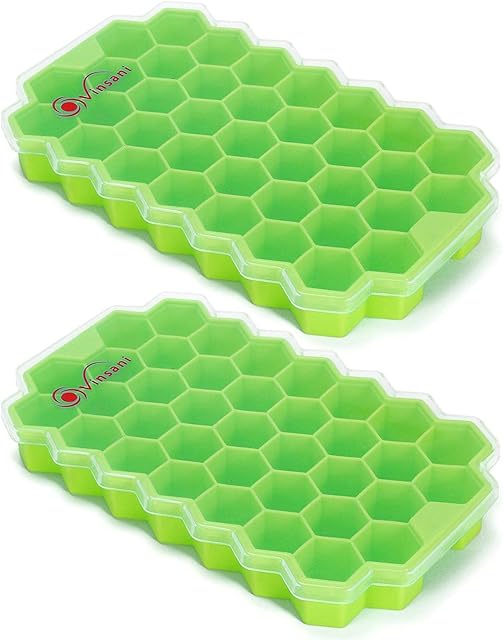 Vinsani 2 Pack Ice Cube Hexagon Tray with Clear Removable Lid Easy-Release Silicone Flexible Ice Cube Moulds LFGB Certified and BPA Free Stackable Durable  Green