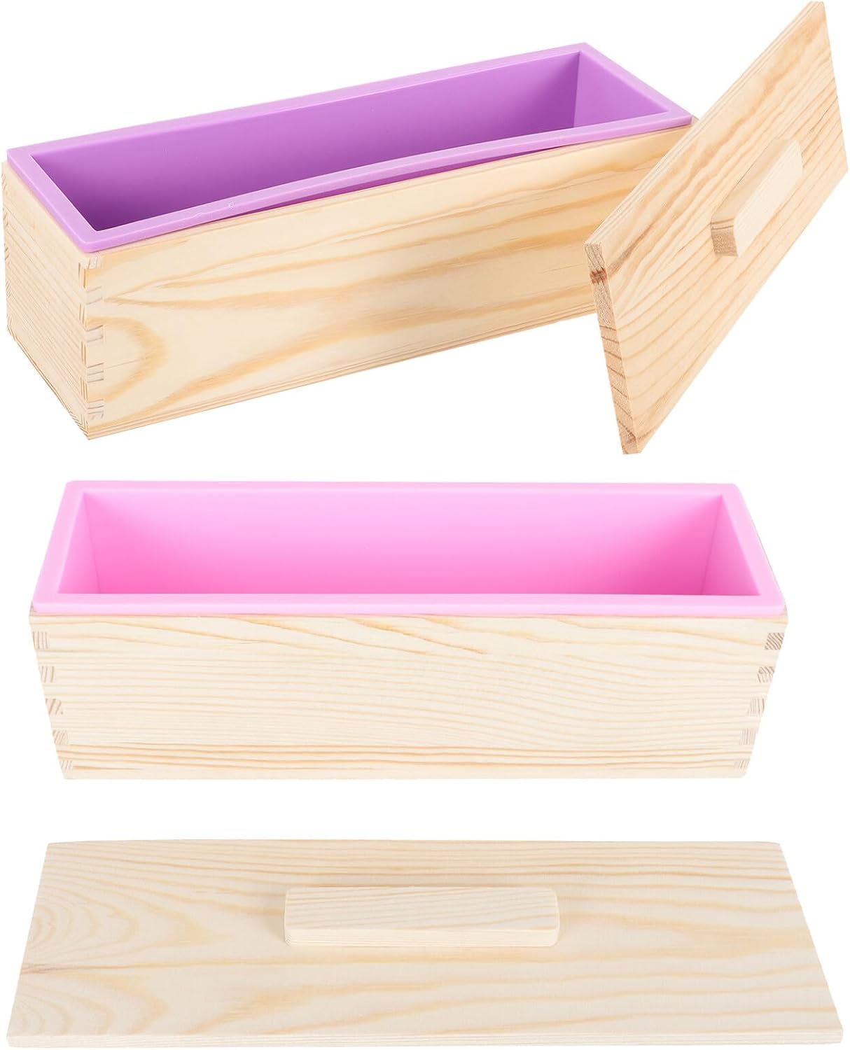 Wood Rectangular Loaf Pan and Toast Mold Set with Lid, Multipurpose Wooden Bread Box for Baking and DIY Sourdough, 2pcs Pink and Purple Loaf Mold for Oven Use