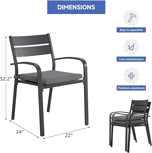 Miniatura 3 de Soleil Jardin Sillas de comedor de aluminio para exteriores de 4 piezas con cojines, sillas apilables para balcón, jardín, patio, acabado gris