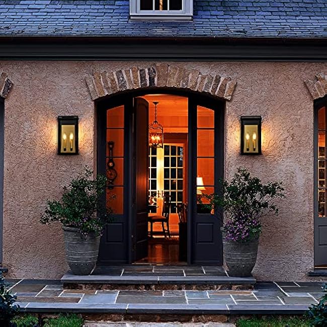 Outdoor Wall Lights with Clear Glass, Black Exterior Porch Lights Wall Mount, Outdoor Wall Sconce with Gold Candelabra Interior, Wall Lantern, Patio Light Fixture for House, Entryway, Garage