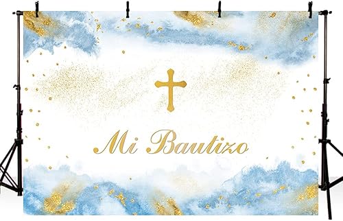 Miniatura 2 de MEHOFOND Telón de fondo de bautismo Mi Bautizo de 7 x 5 pies para niños, oro mexicano, bendice la primera comunión, pancarta de bautizo azul pastel,