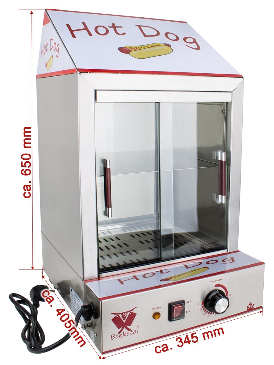 Beeketal 'HDS-2' Profi Gastro Edelstahl Hot Dog Steamer Maker zum Erhitzen und Warmhalten von ca. 100 Hotdog Würstchen und 20 Brötchen, Hotdog Würstchenwärmer und Brötchenwärmer Imbiss Stand Gerät