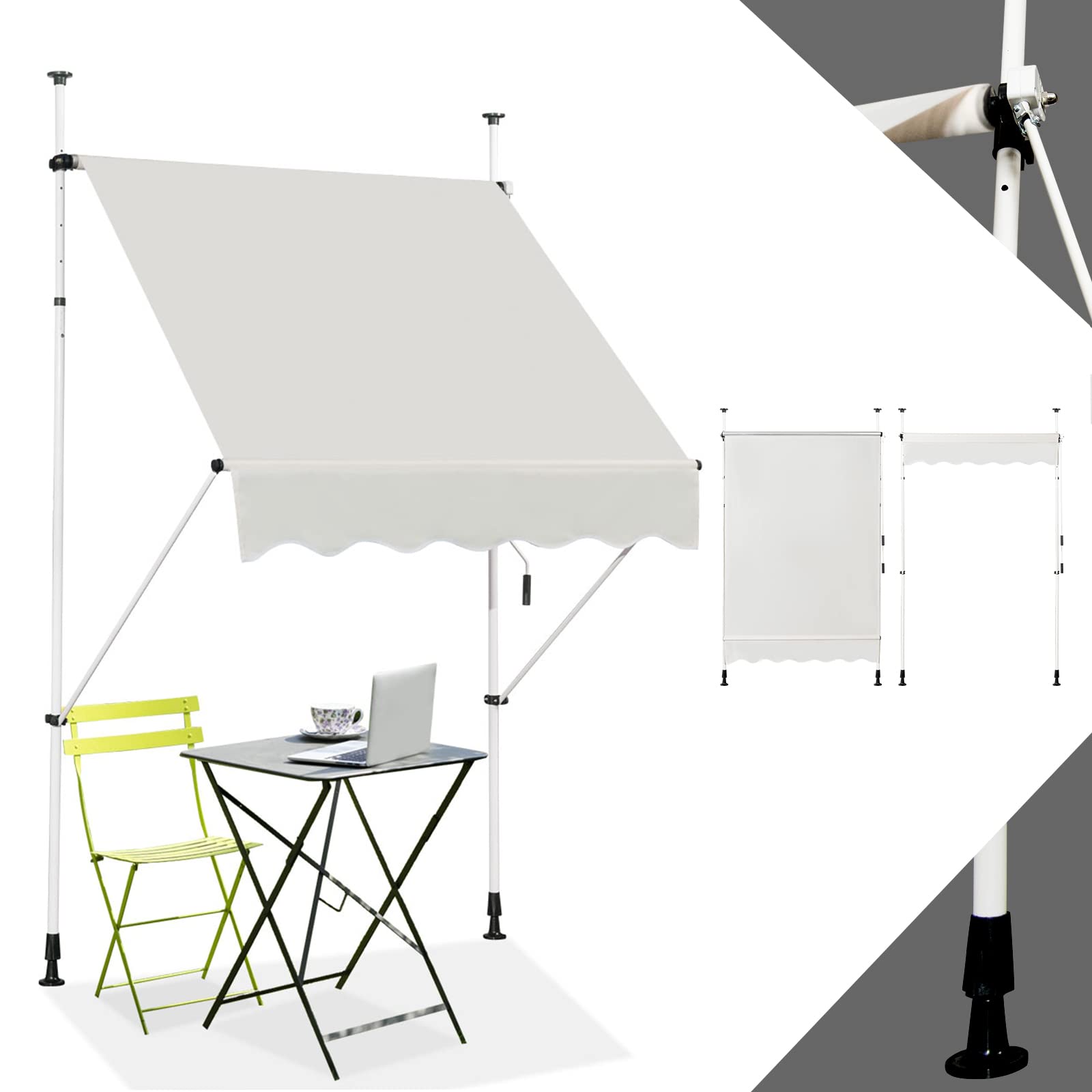RELAX4LIFE Store Banne Manuel sans Perçage, Auvent Balcon Rétractable avec Manivelle, Tissu Oxford Anti-UV Imperméable, Hauteur Réglable 2-3 M, Store Banne pour Porte Fenêtre (Beige, 150 X 125 cm)