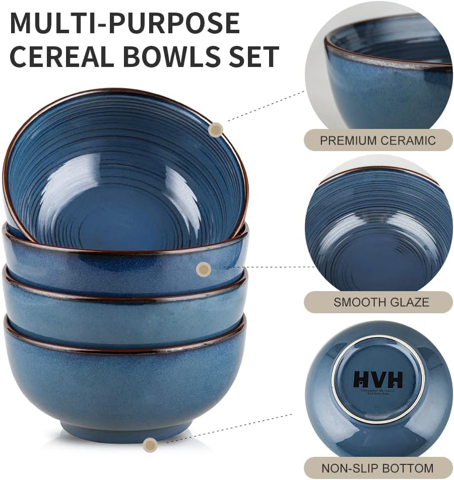 HVH Ceramic Cereal Bowls Set of 4, Soup Bowls Microwave Safe, 24 oz Ceramic Bowls for Kitchen, Salad, Oatmeal, Soup, Noodle, Farmhouse Style (Blue)