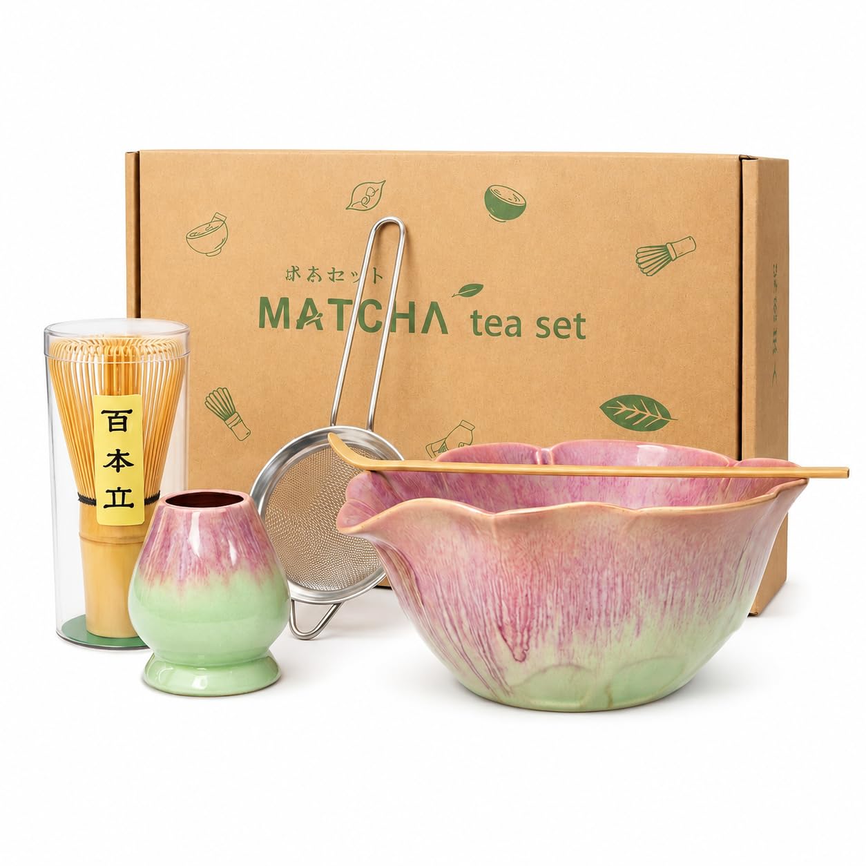 Matcha Set 5-teilig, Matcha Schale mit Ausgießer in Blumenform Grün Rosa, Chasen, Bambusbesen, Chasenhalter, Bambuslöffel, Sieb, Japanisches Matcha Tee Set