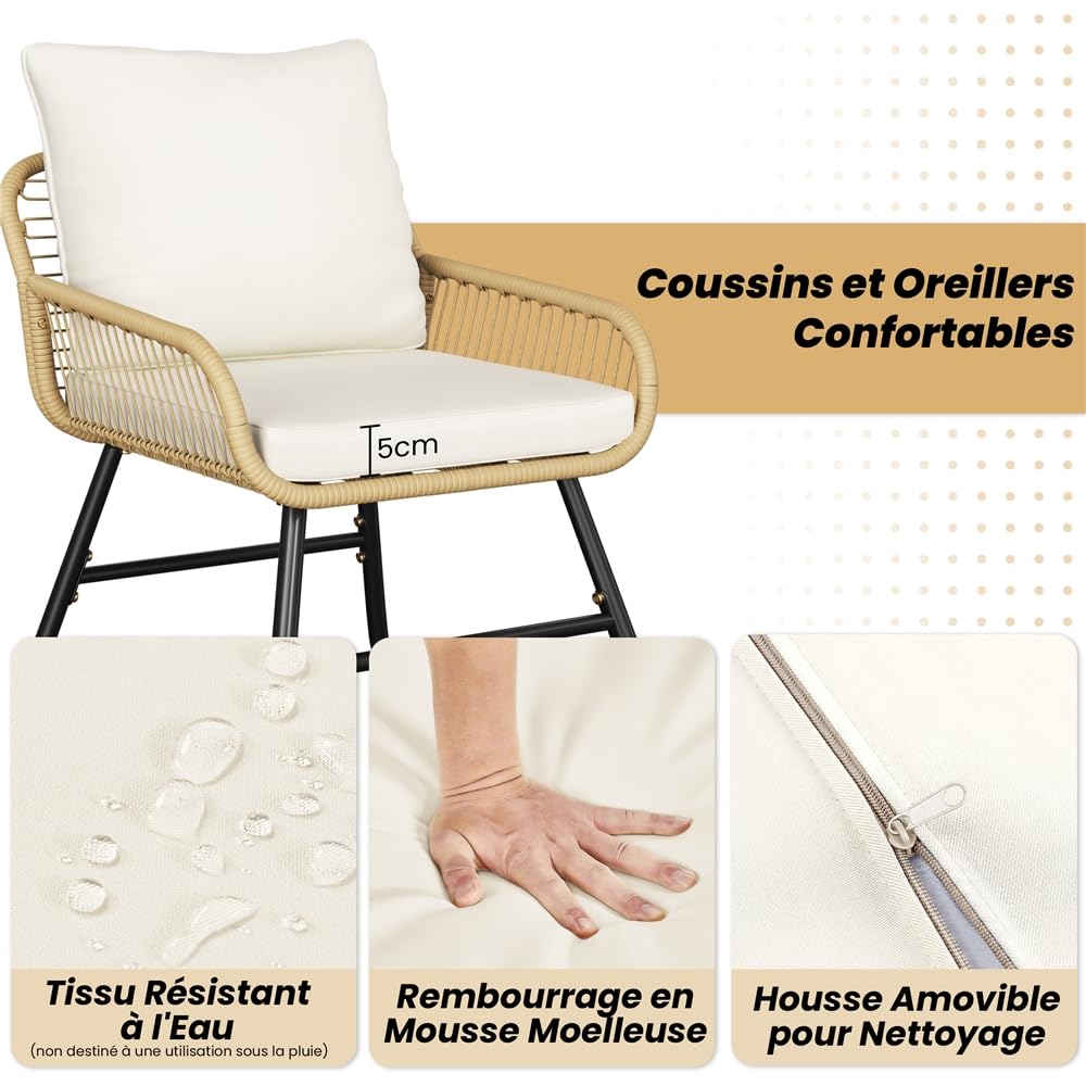 Yaheetech Ensemble Salon de Jardin 4 Pièces Tressé Set de 1 Canapé avec 2 Places 2 Fauteuils et Table d'Appoint en Verre Trempé Style Bohème pour Terrasse Balcon, Patio