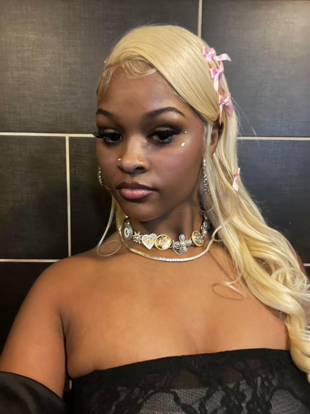 Y2K Grungy Vintage bottle cap Necklace Gothic Punk Choker Necklace for Women,Gothic Y2K Aesthetic Outfit Jewelry,Silver Black Chunky Chain Collar with Heart,Bowknot,Button Charm,Western Cowgirl Goth Jewelry with Rhinestone and Faux Pearl Decor - Image 7