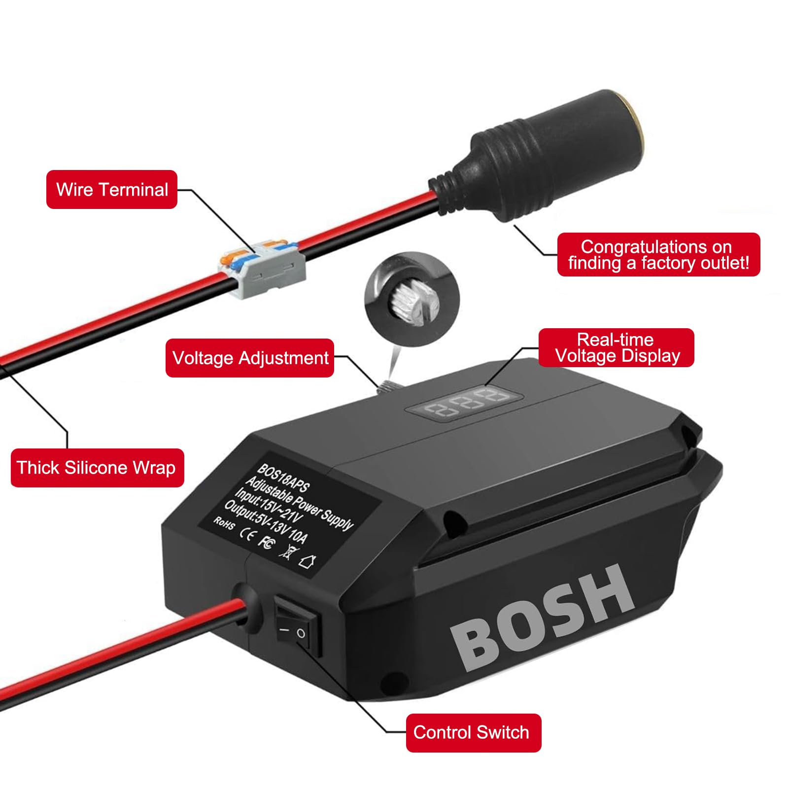 Convertisseur abaisseur 18 V à 12 V pour Batterie Bosch GBA 18 V, Adaptateur d'alimentation pour Batterie à Tension Continue Sortie 5 V-13 V Max. 10 A Prise Allume-Cigare