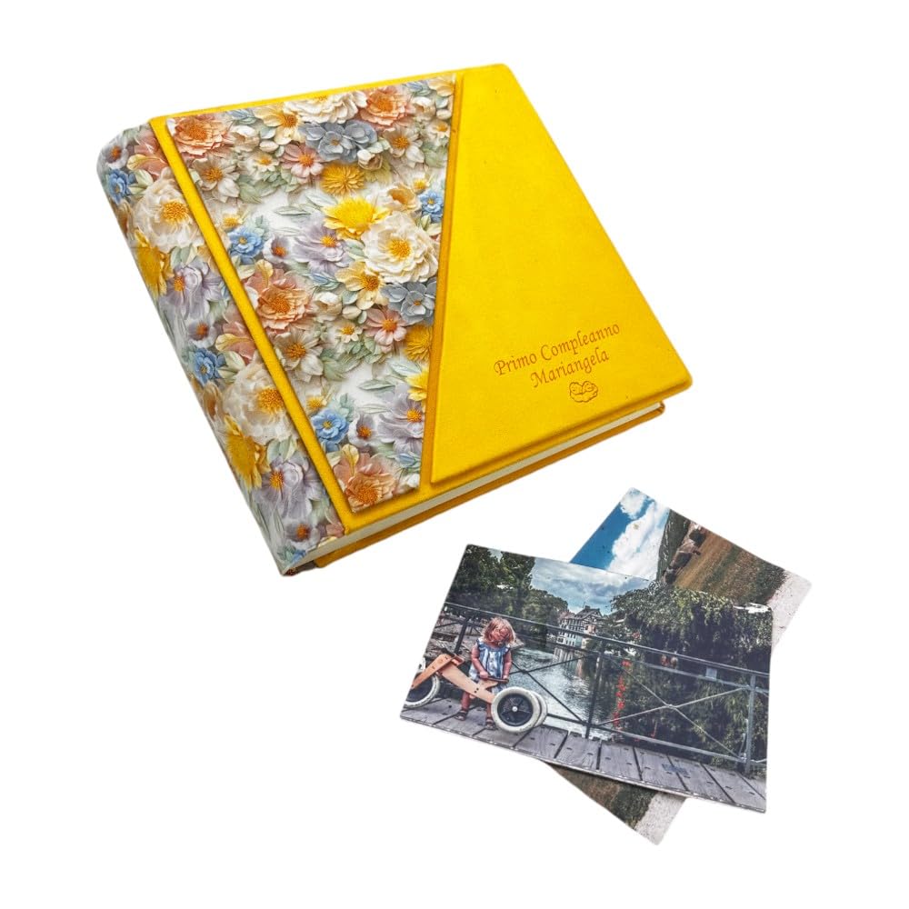 Album Fotografico Artigianale in Tessuto stampato 3D e Alcantara, Personalizzabile con Incisione, classico con velina,Matrimonio,Compleanno,Wedding,Anniversario,Comunione,eventi (Giallo/Giallo)