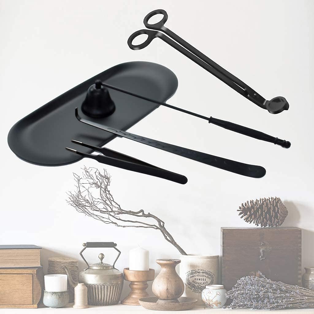 4 Pezzi Set di Accessori per Utensili per Candele, Trimmer per stoppino, mestolo per stoppino, spegnicandela e Vassoio portaoggetti per stoppino per Candela (Nero)