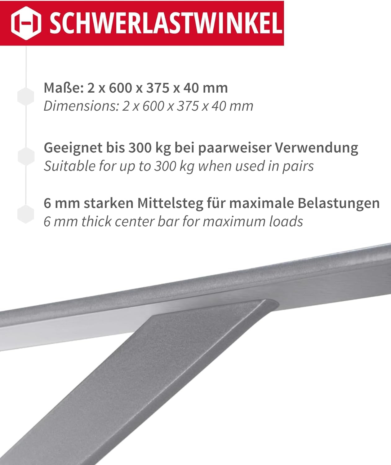 Schwerlastwinkel [ATHENA] 2 Stück Regalwinkel I Tiefe 600 mm I Schwerlastkonsole Silber I Wandhalterung Regal Tragkraft 300 kg I Winkel Metall massiv | Metallwinkel 90 grad
