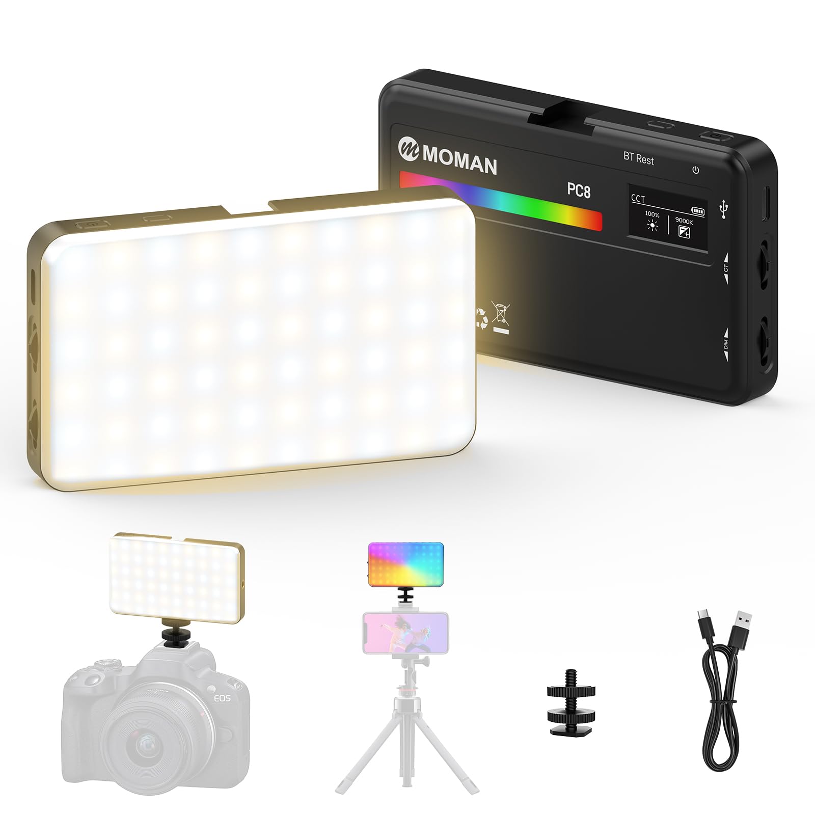 MOMAN PC8 8W Lampe Vidéo LED RGB Portable pour Appareil Photo (Noir)